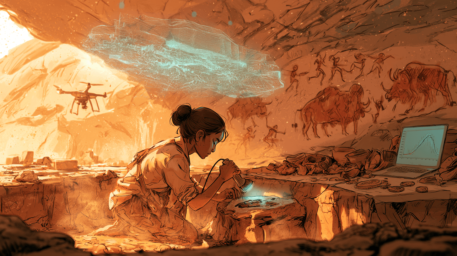 An archaeologist kneels at an excavation trench in a rock shelter, brushing a painted stone fragment beside a handheld scanner, with a glowing LiDAR hologram, a drone and red ochre cave paintings behind her.