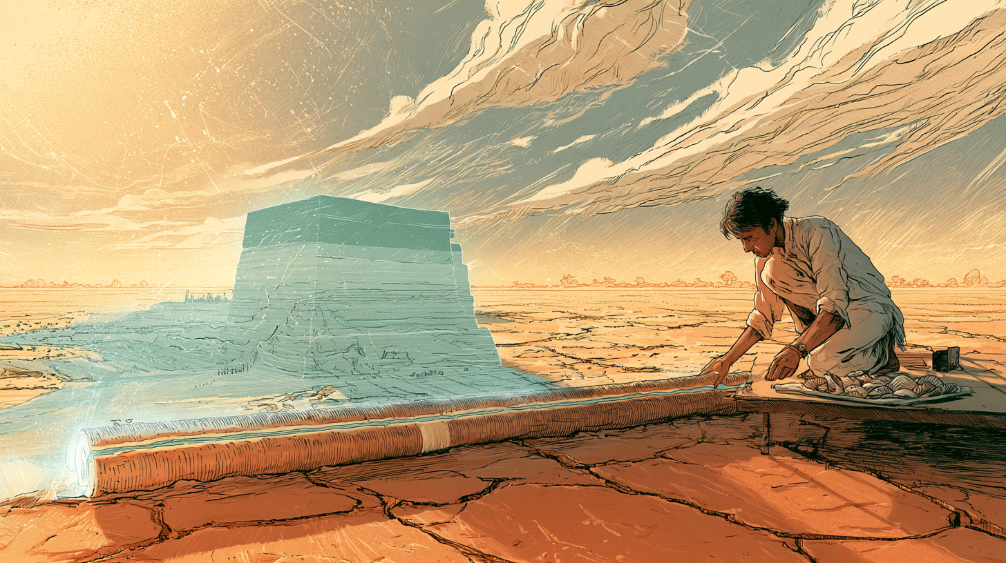 A geologist kneels on a cracked dry lakebed beside a split sediment core and a tray of shells, with a glowing layered hologram of strata rising behind.
