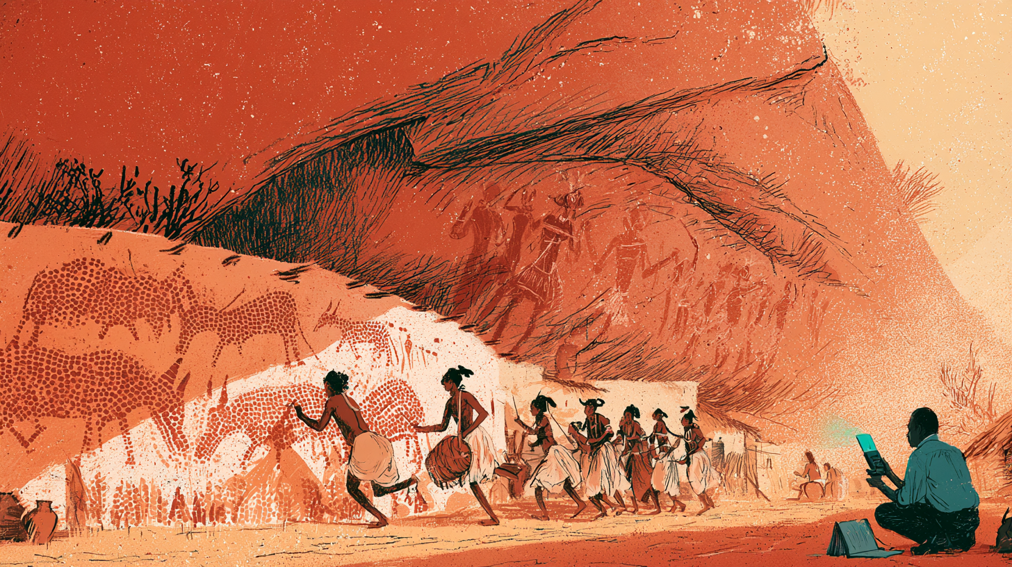 Gond painters, a drummer and dancers beneath a rock shelter of prehistoric painted figures, while a researcher records with a handheld device.